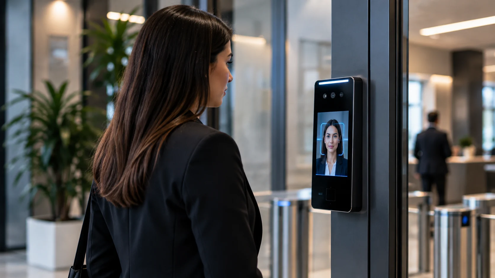 Profesional utilizando un terminal de reconocimiento facial en una oficina corporativa