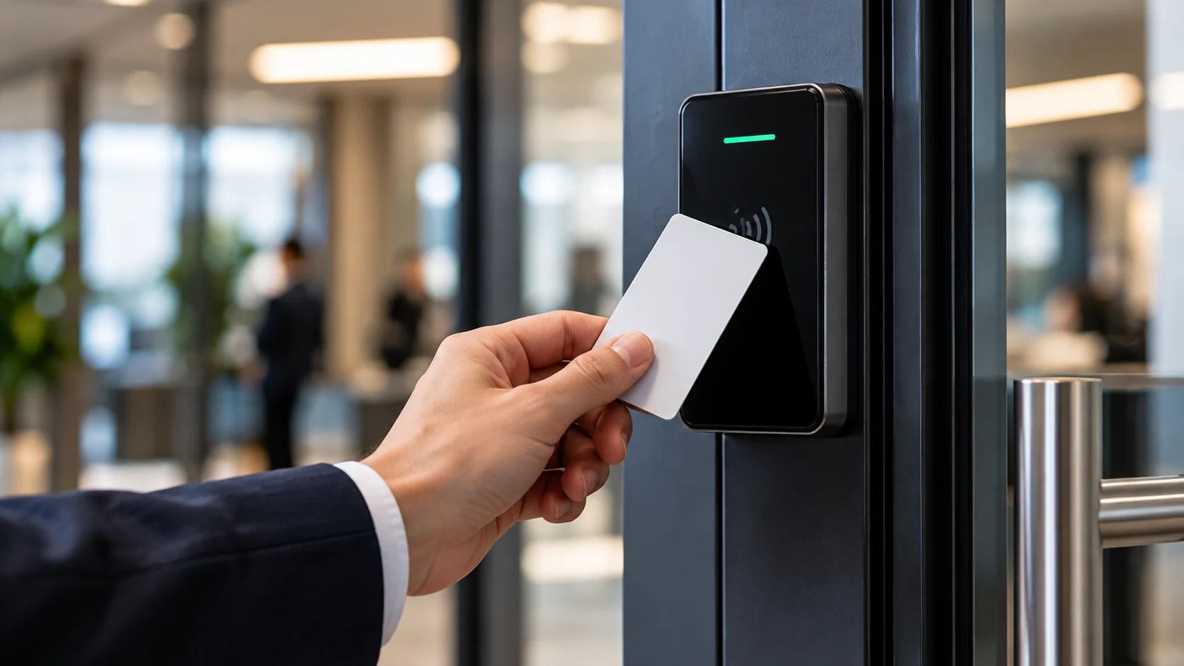 Mano acercando una tarjeta a un lector electrónico de control de acceso