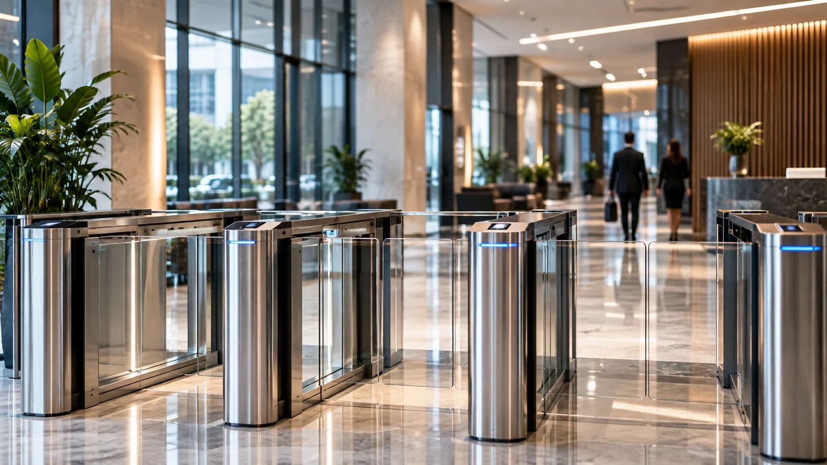 Torniquetes de seguridad instalados en el vestíbulo de un edificio empresarial