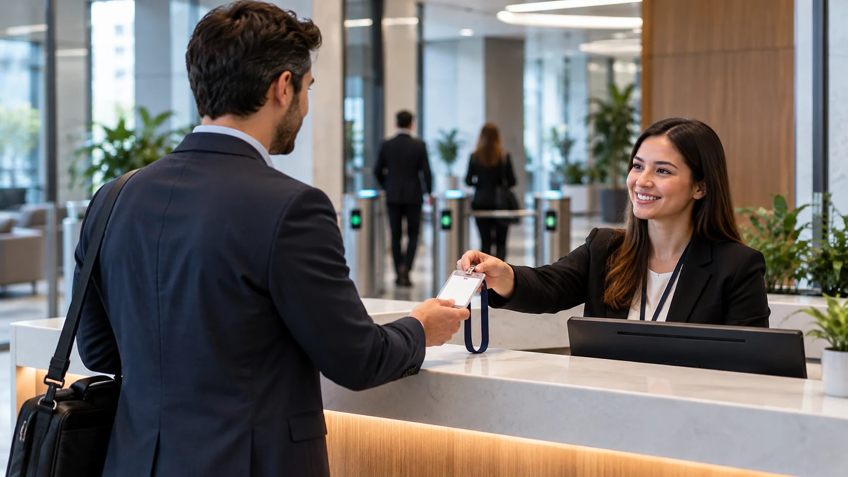 Recepcionista entregando una credencial a un visitante en un edificio corporativo
