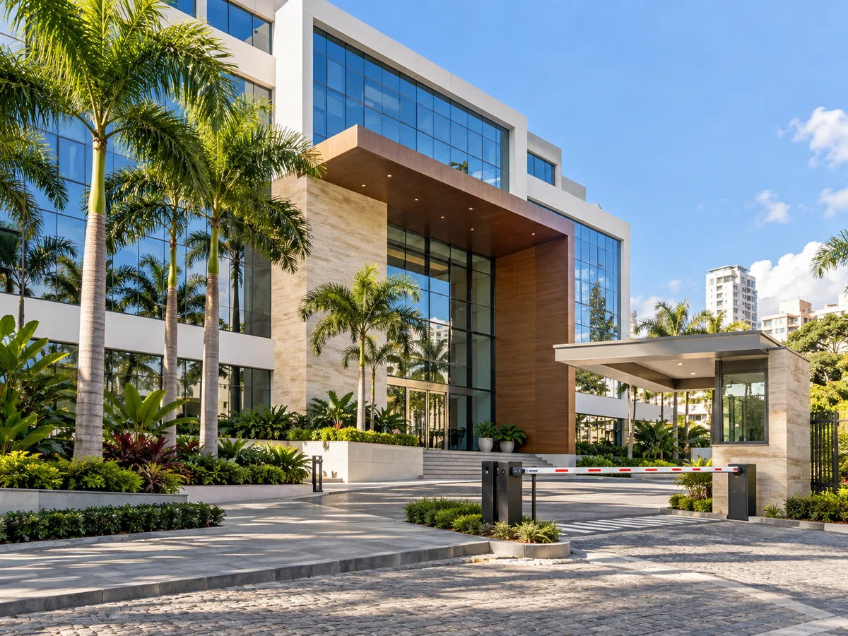 Edificio corporativo moderno con fachada de cristal y jardines