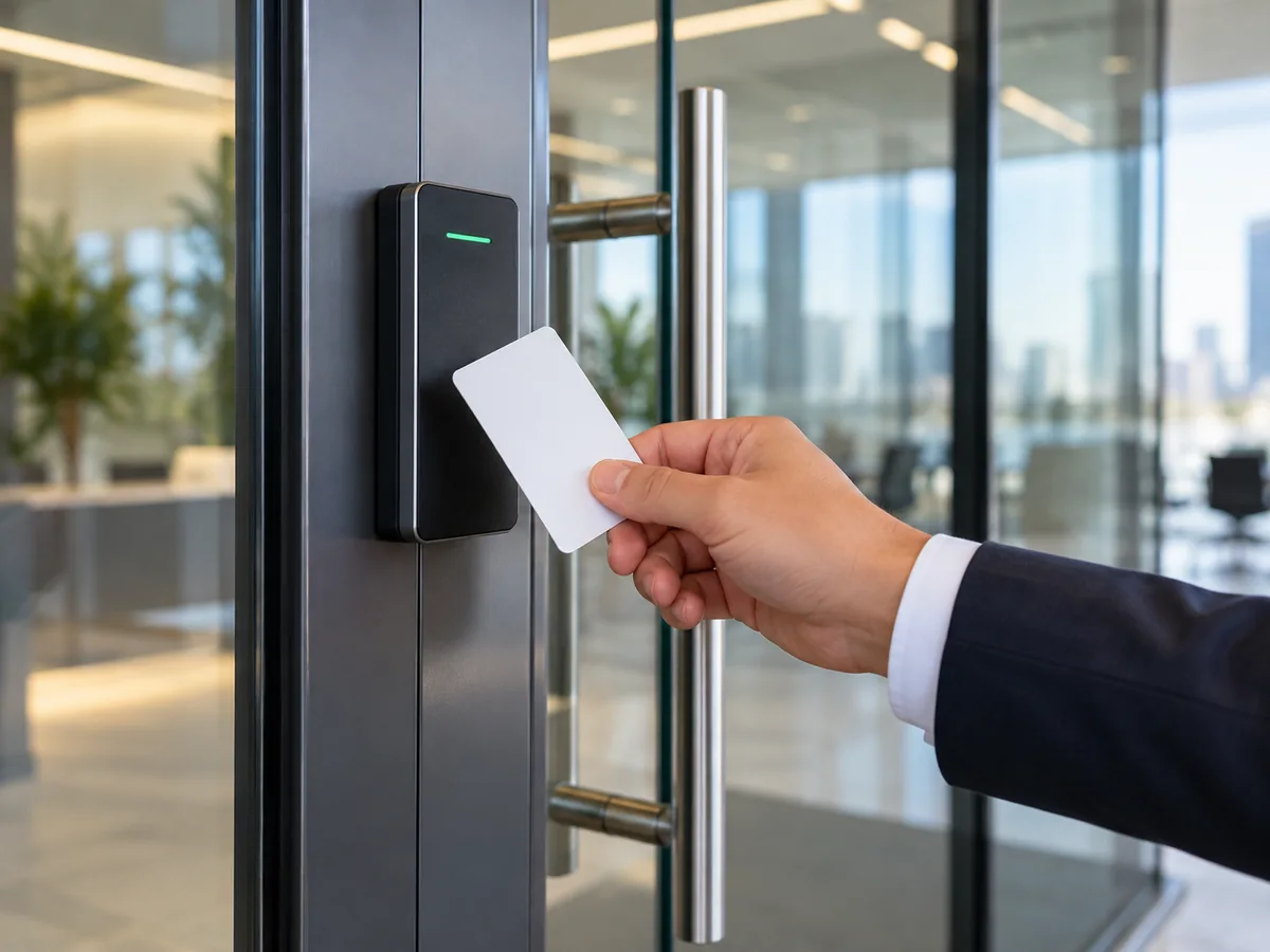 Empleado utilizando tarjeta de proximidad en una puerta de oficinas