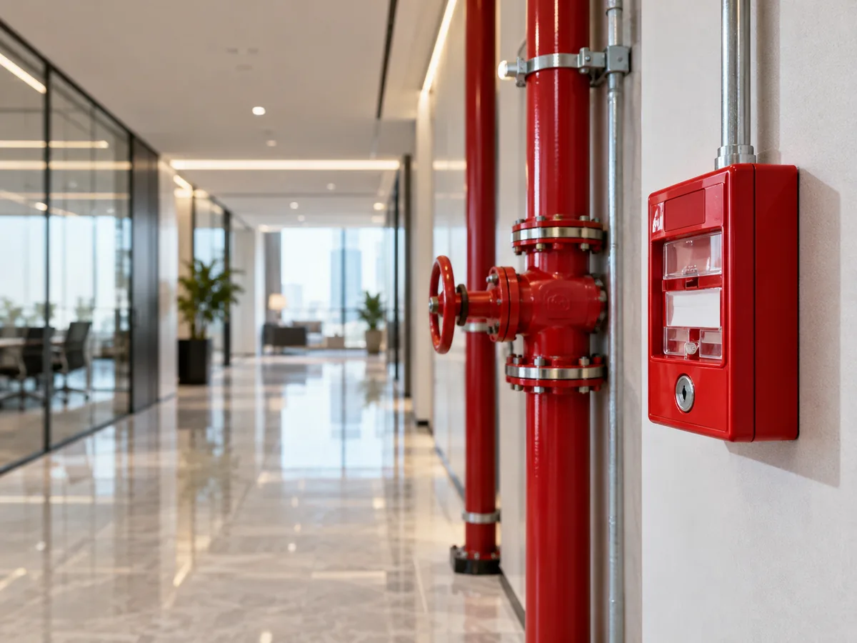Dispositivo rojo de alarma contra incendios en un pasillo corporativo