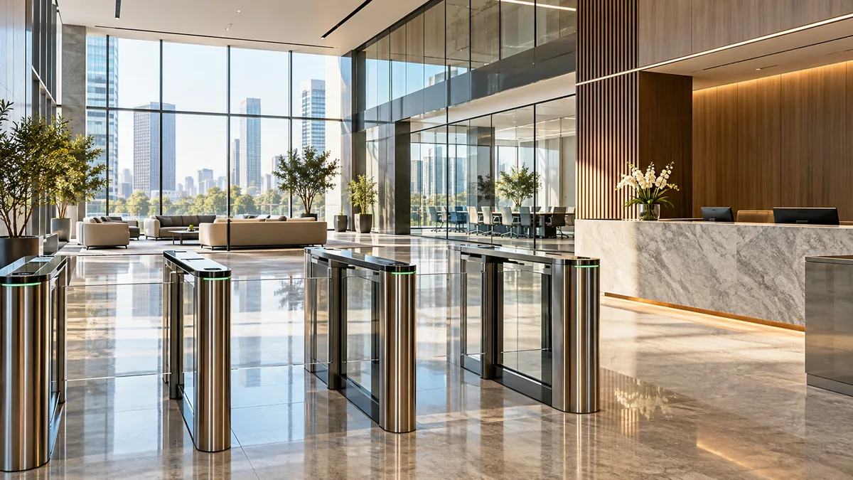 Vestíbulo de oficinas corporativas con recepción y torniquetes de acceso