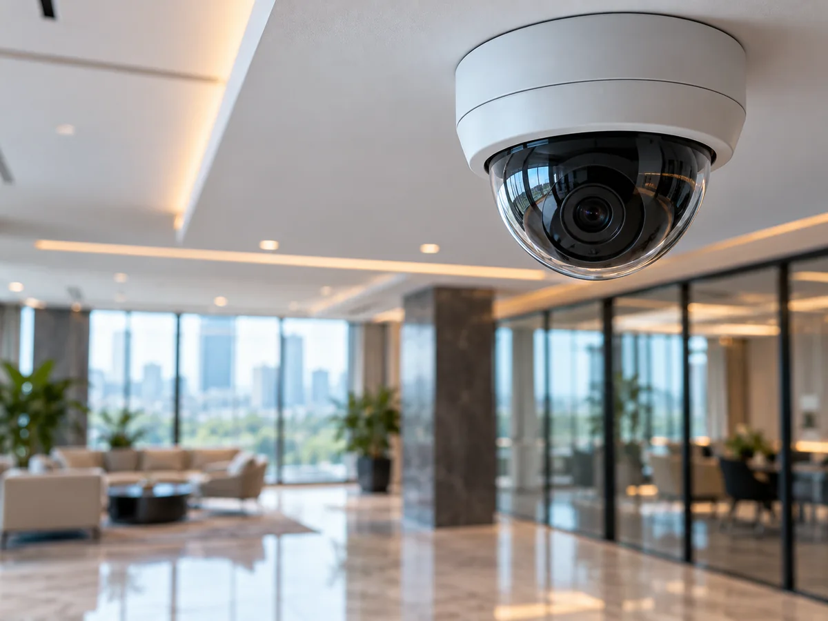 Cámara de videovigilancia en el vestíbulo de un edificio de oficinas
