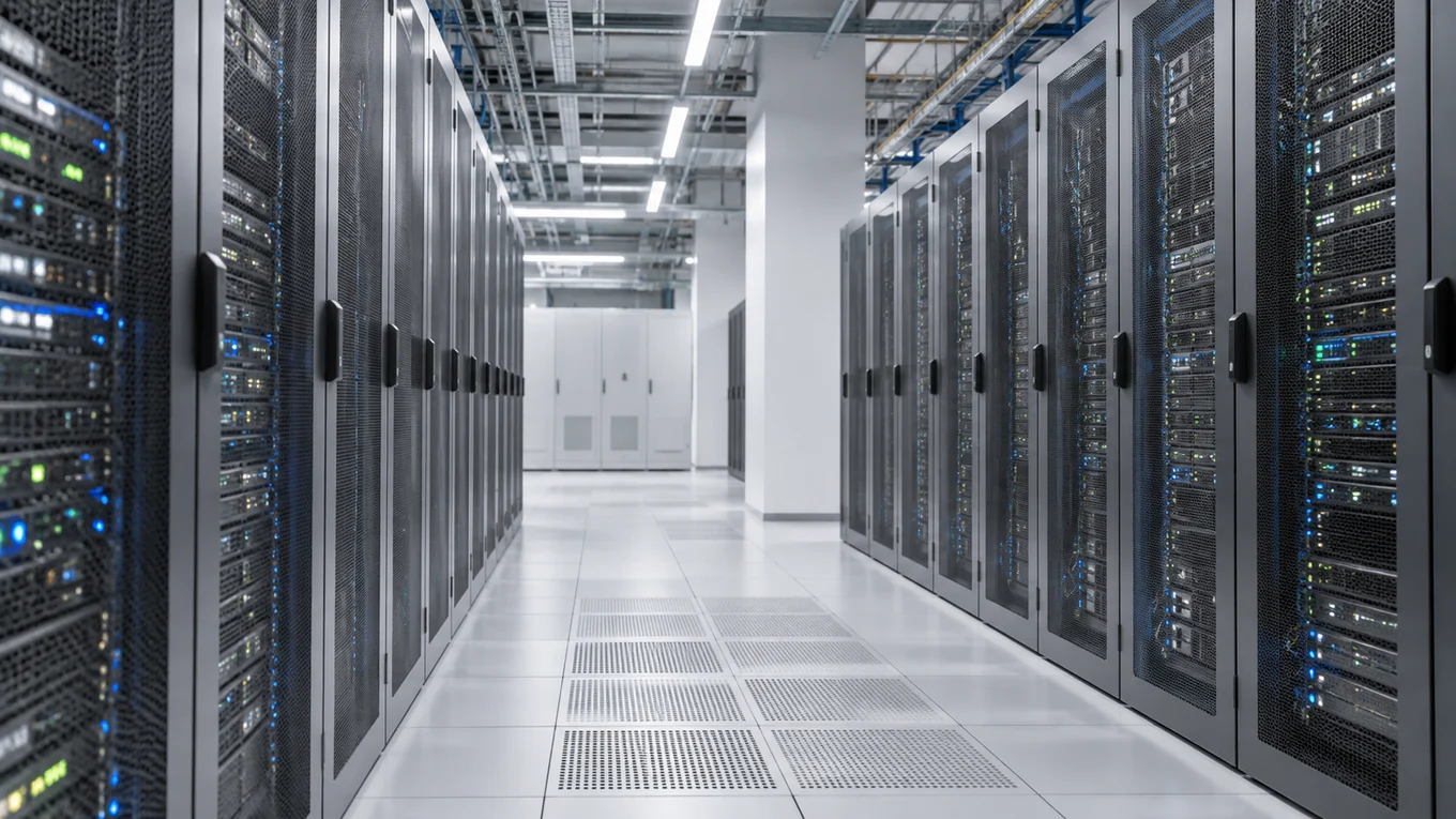 Pasillo de un centro de datos con gabinetes de servidores y piso técnico