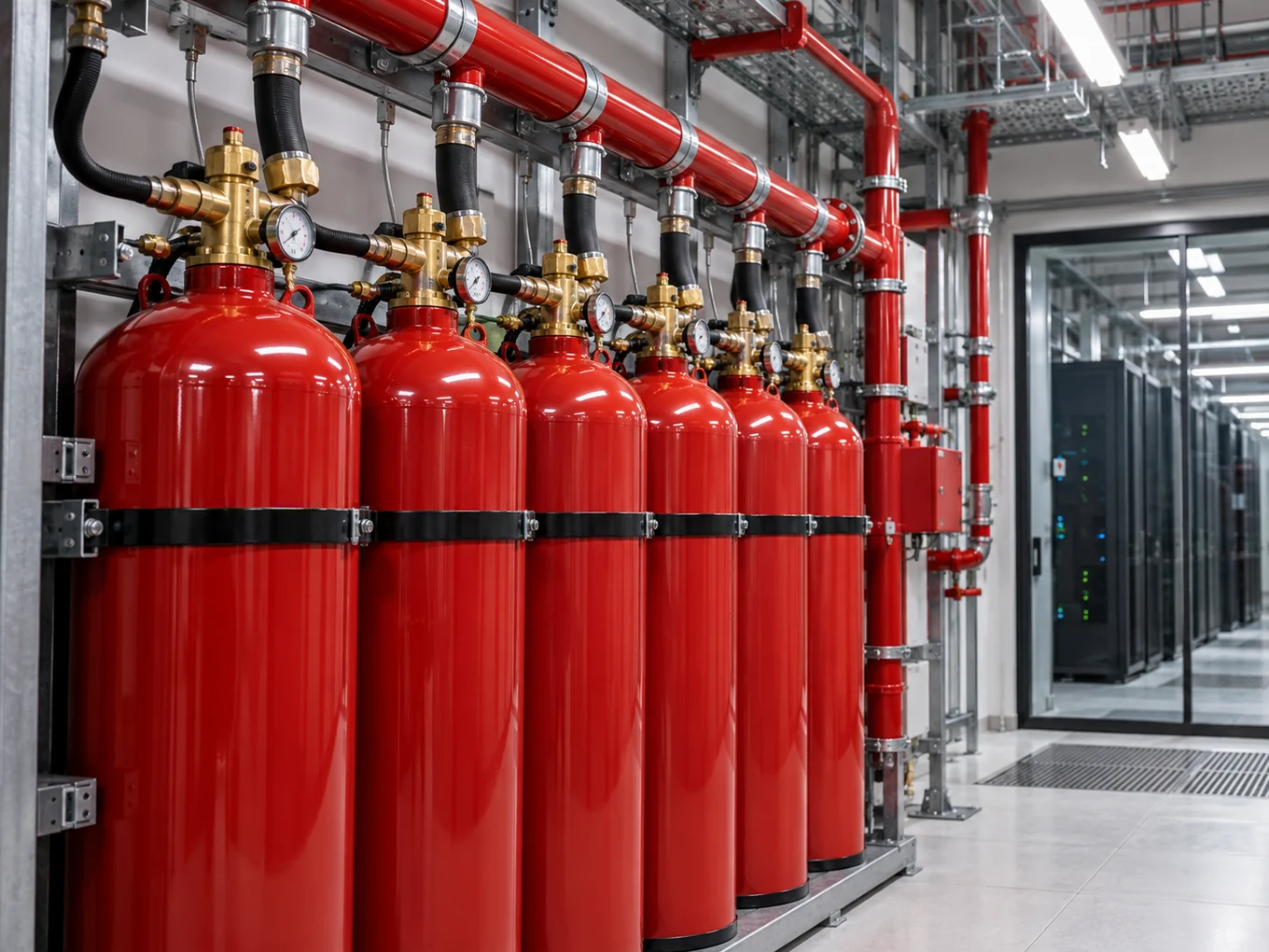 Cilindros y tuberías rojas de un sistema de supresión en instalación técnica