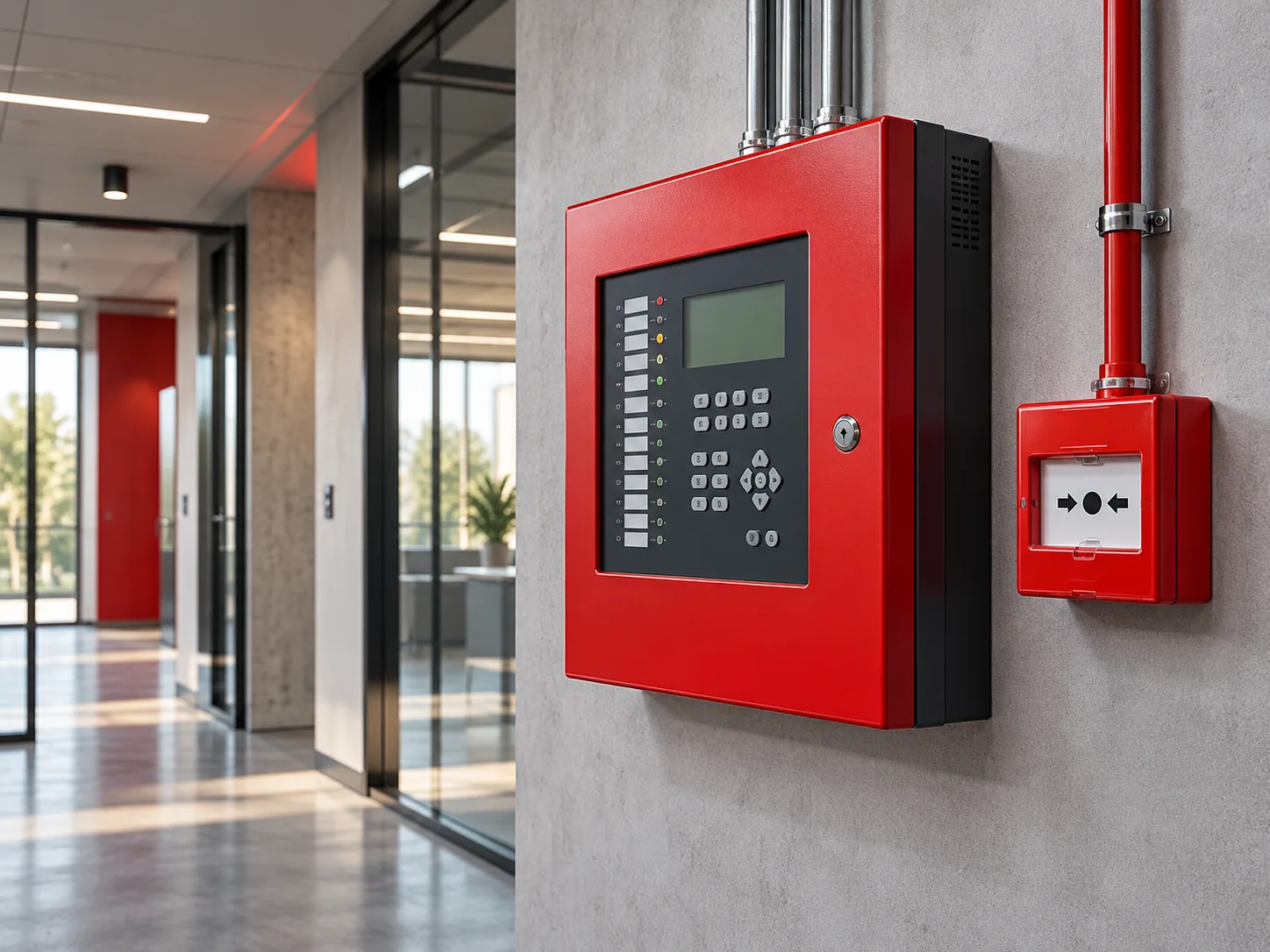 Panel de alarma y estación manual de detección de incendios en un edificio empresarial