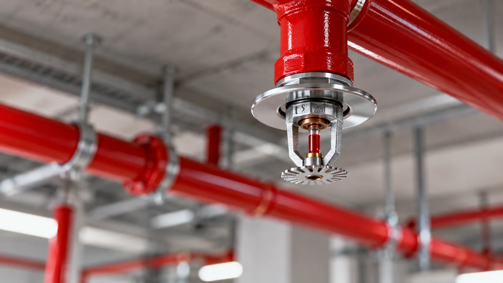 Rociador automático conectado a tuberías rojas de una instalación contra incendios