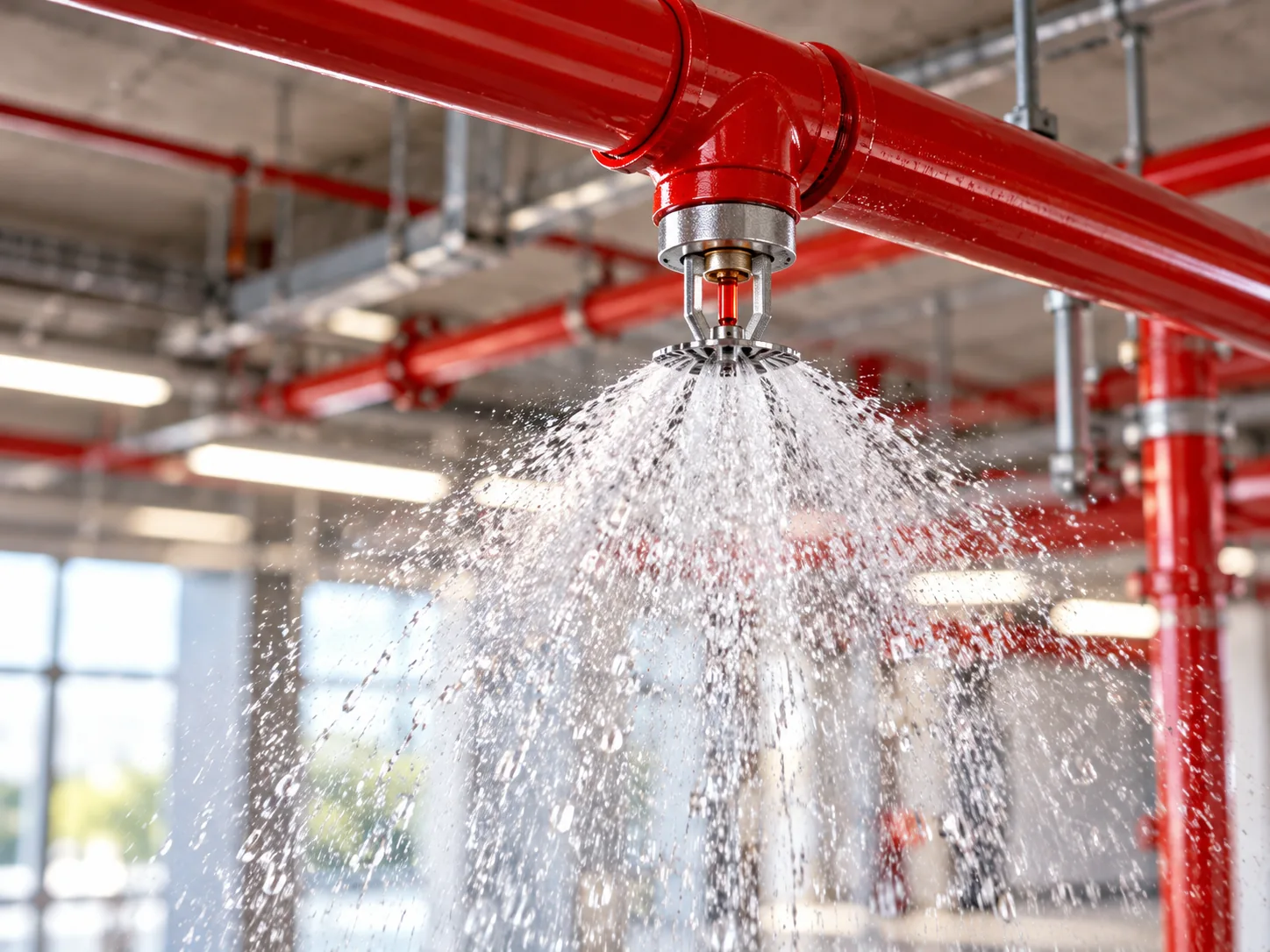 Rociador automático contra incendios descargando agua durante una prueba ilustrativa