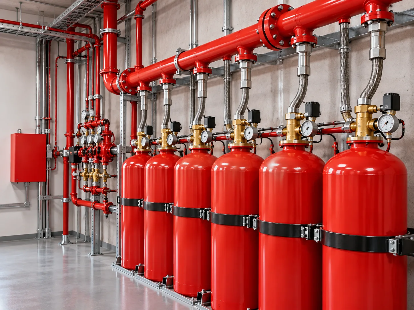 Cilindros rojos y tuberías de un sistema de supresión especial contra incendios