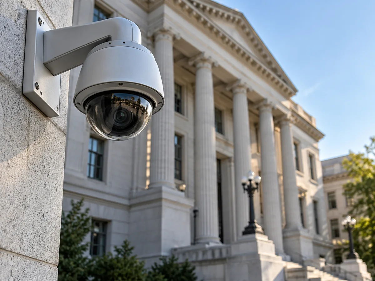 Cámara de vigilancia en una fachada de edificio institucional ilustrativo