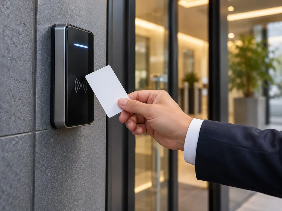 Persona utilizando una tarjeta de acceso en un lector electrónico