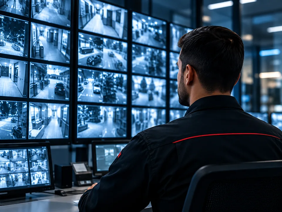 Especialista supervisando cámaras de seguridad desde una sala de monitoreo