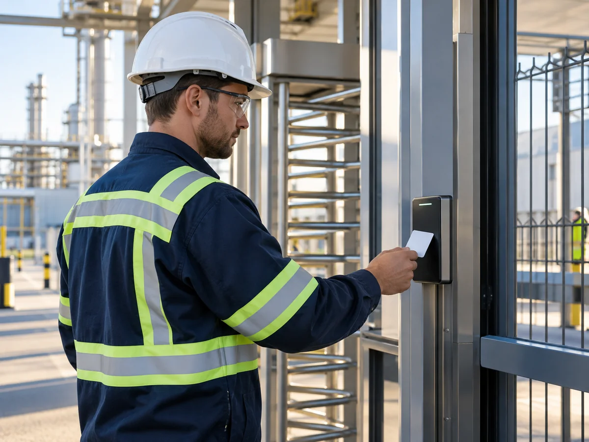 Personal utilizando credencial en un acceso industrial
