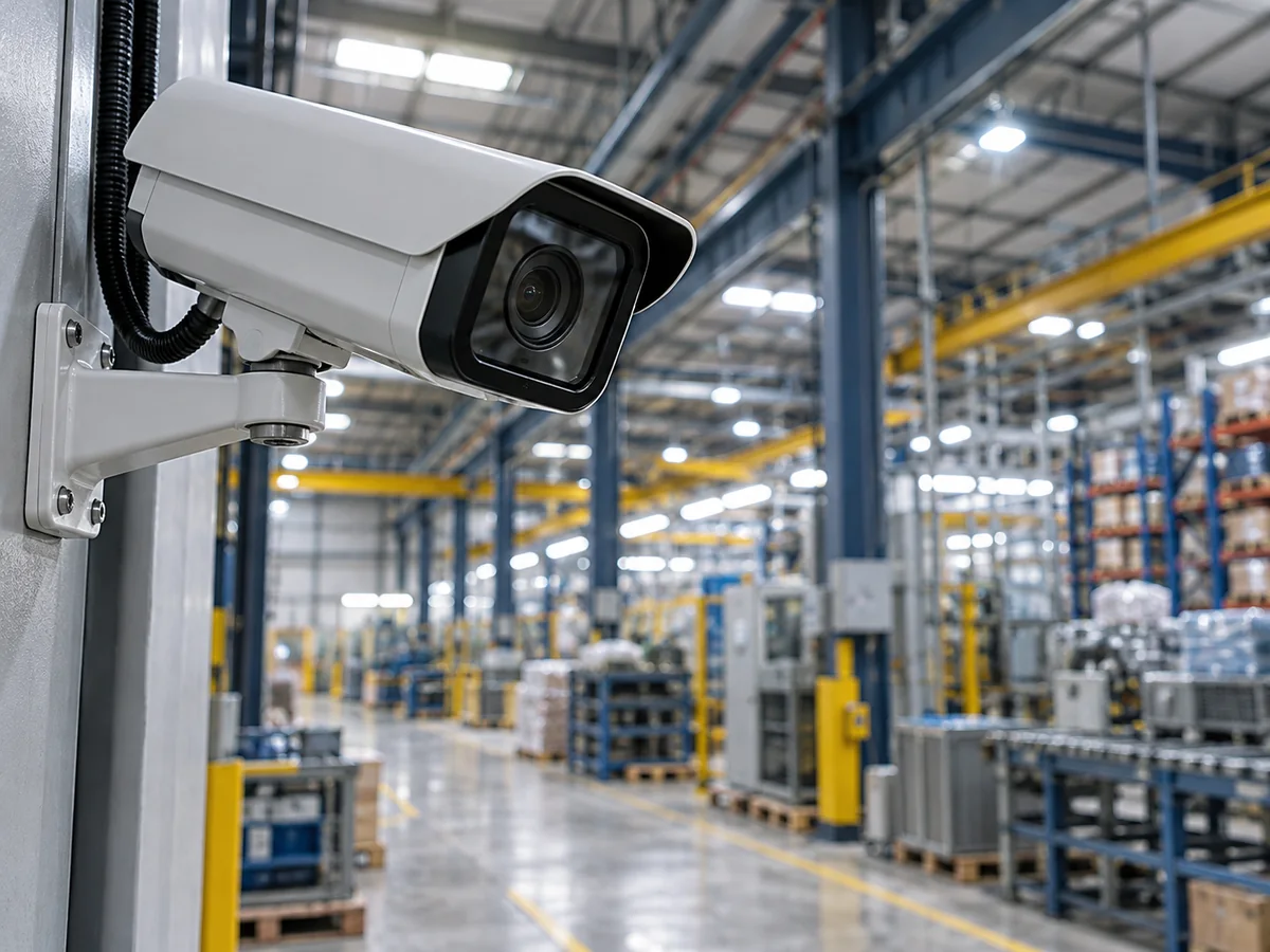 Cámara de seguridad instalada en un almacén industrial