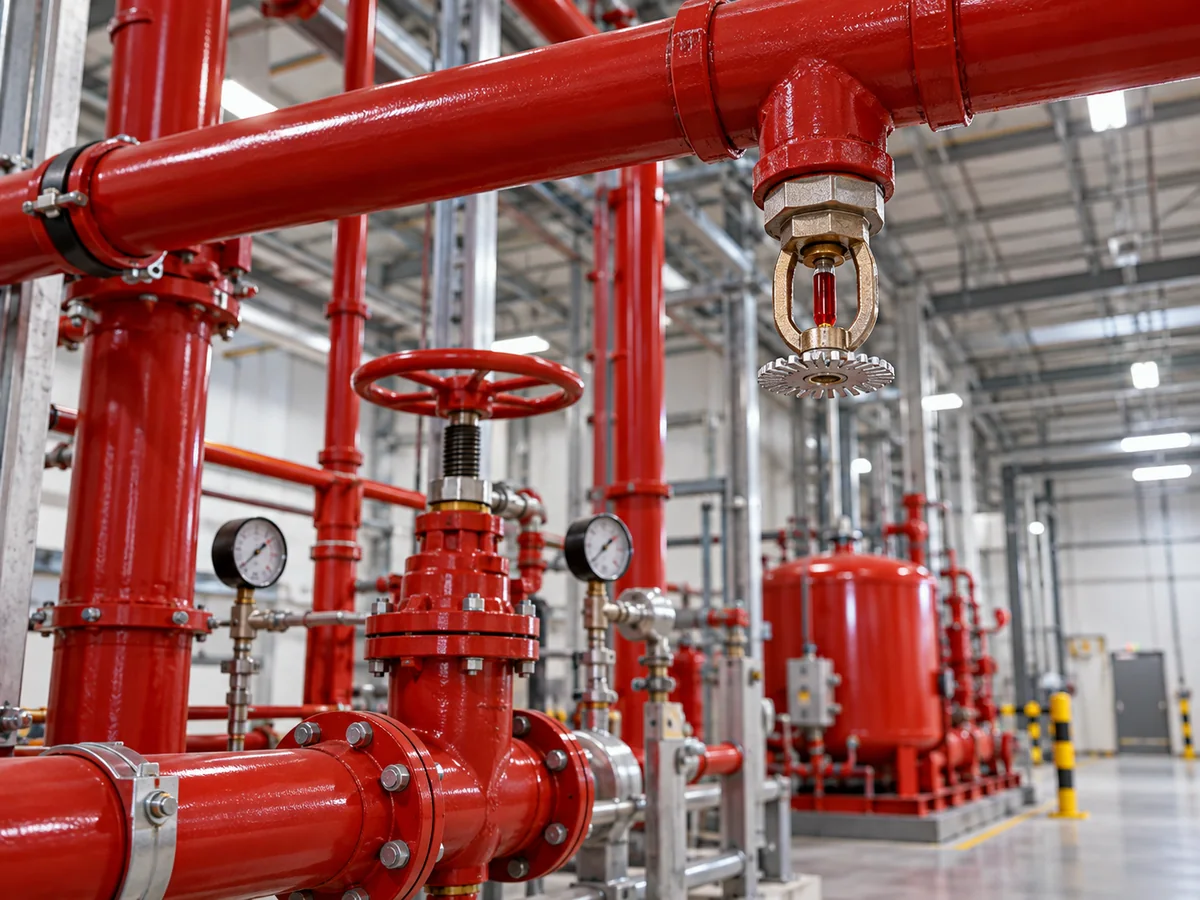 Red de tuberías rojas y rociador contra incendios en una nave industrial