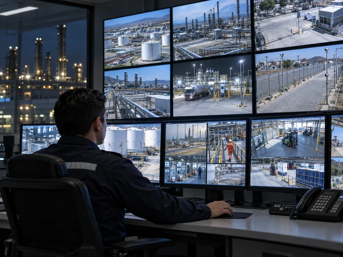Operador de sala de control monitoreando instalaciones industriales