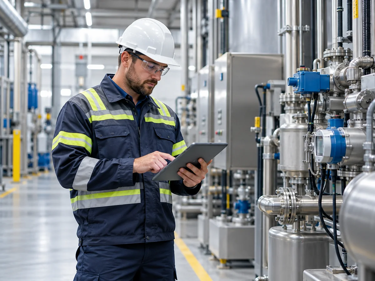 Técnico inspeccionando equipos y procesos en una instalación industrial