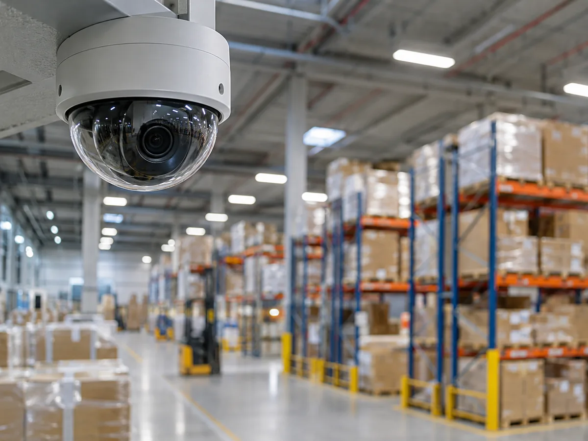 Cámara de videovigilancia en un almacén de distribución