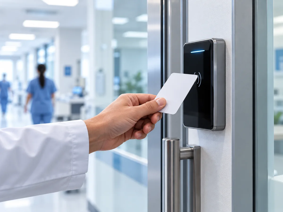Lector de tarjetas de control de acceso en instalaciones hospitalarias