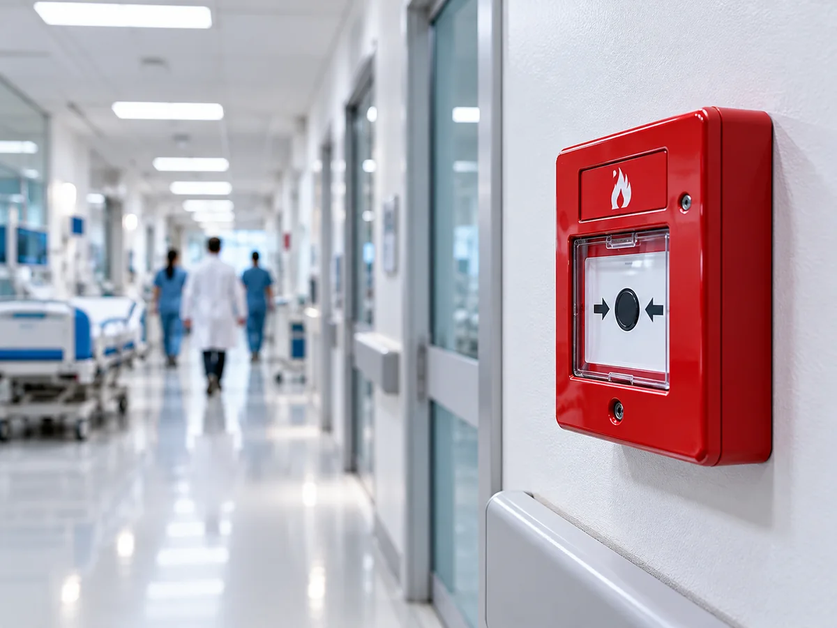 Dispositivo de alarma contra incendios en el pasillo de un hospital