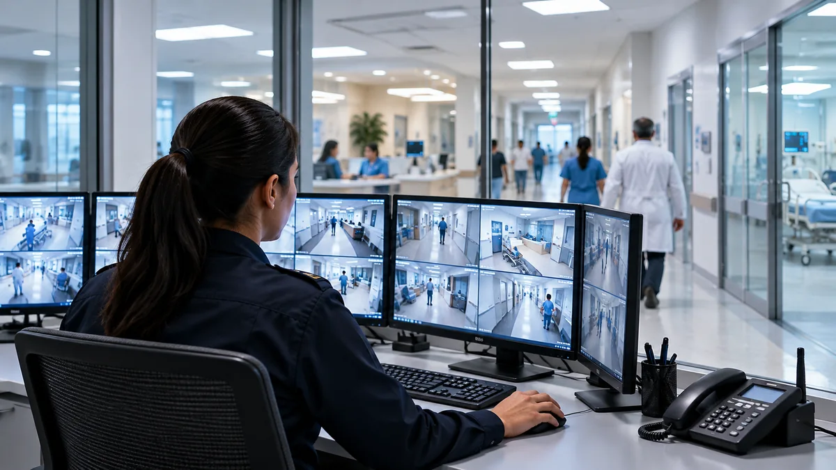 Centro de monitoreo de seguridad en un hospital con personal de salud en las áreas de circulación