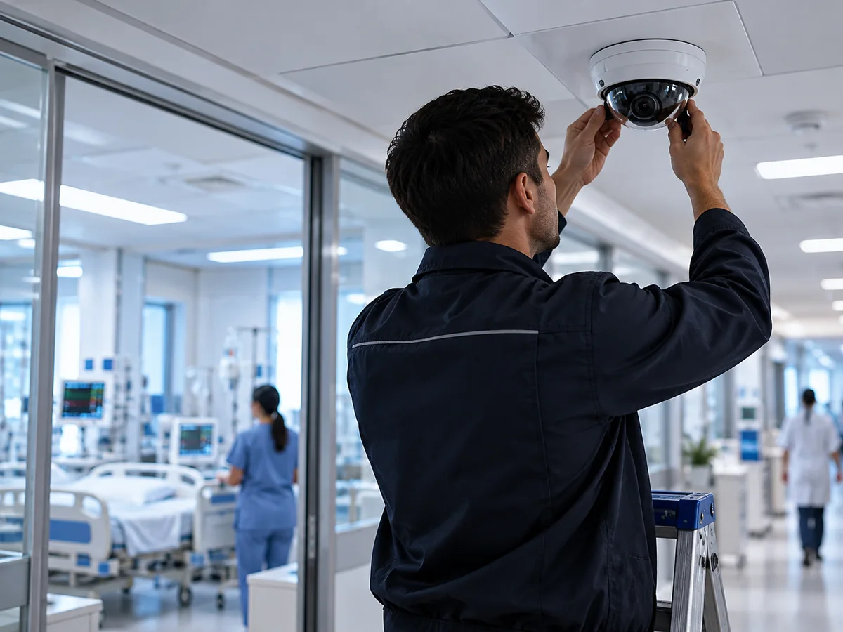 Especialista realizando mantenimiento de una cámara de vigilancia en un hospital