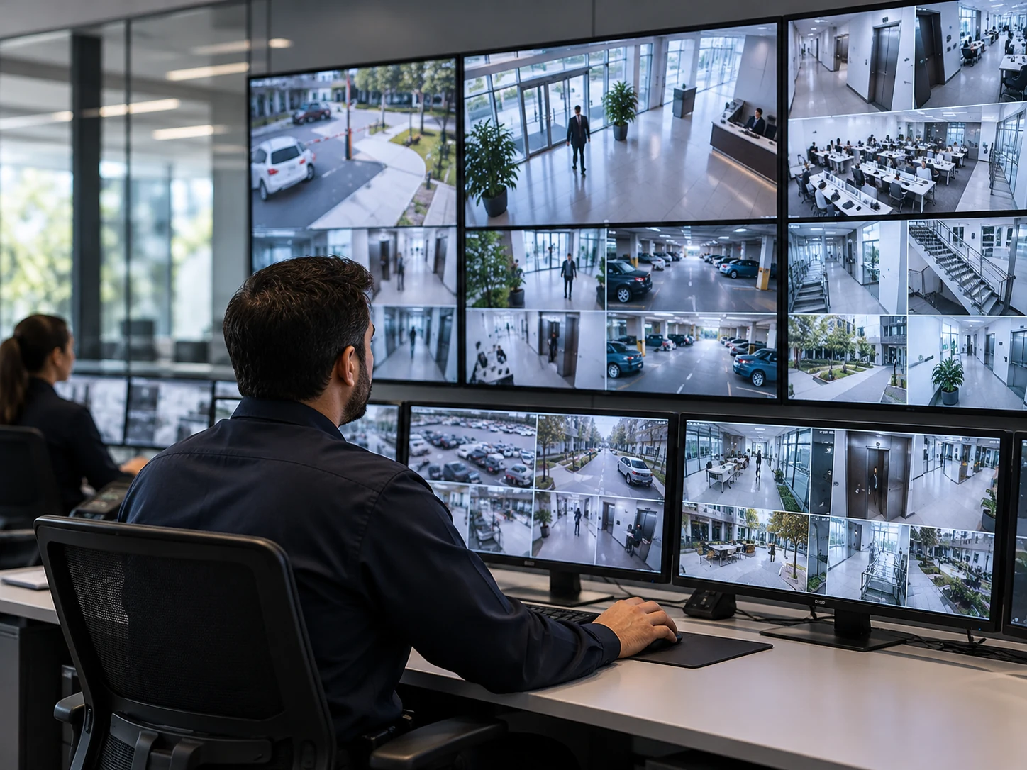 Técnico ajustando una cámara de videovigilancia en un entorno corporativo