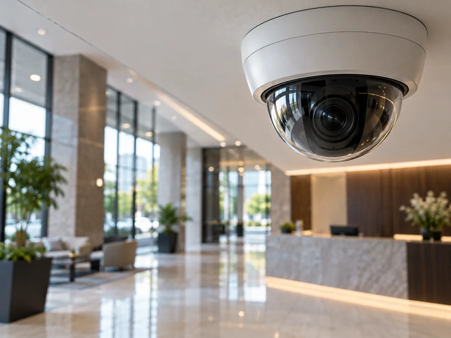 Cámara de seguridad instalada en un vestíbulo empresarial