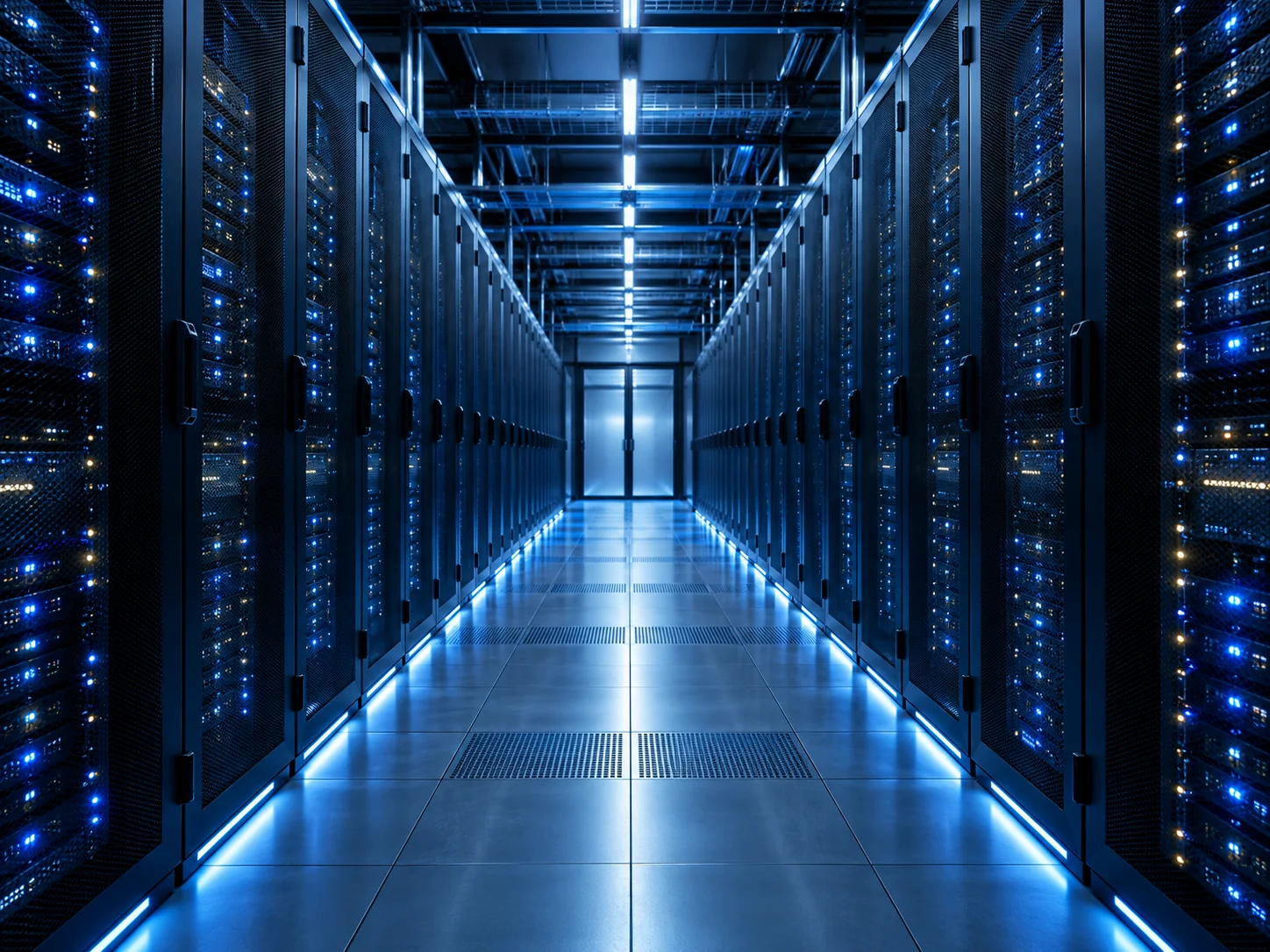Pasillo iluminado de racks en un centro de datos