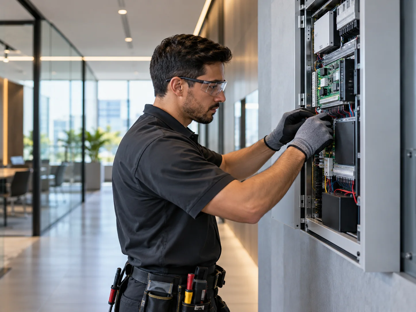 Técnico revisando un panel de seguridad empresarial